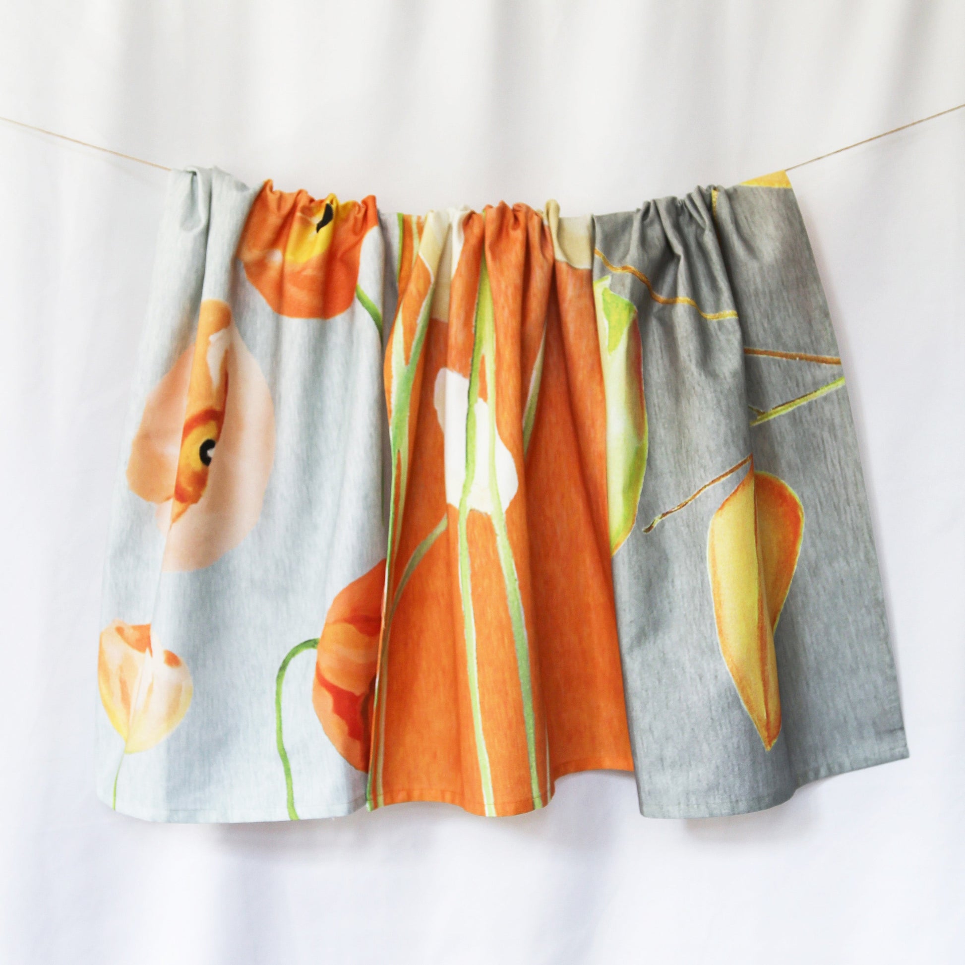 Peach Poppies Tea Towel in Grey