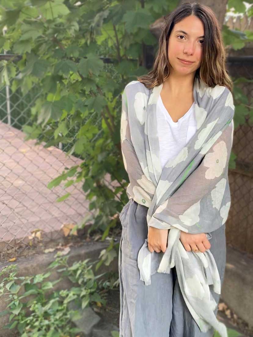 White Poppies on Grey Scarf