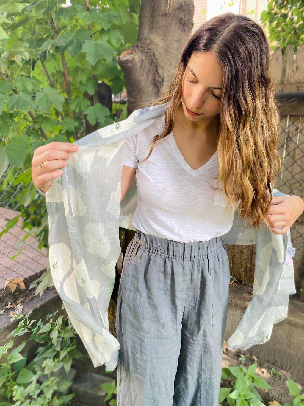 White Poppies on Grey Scarf