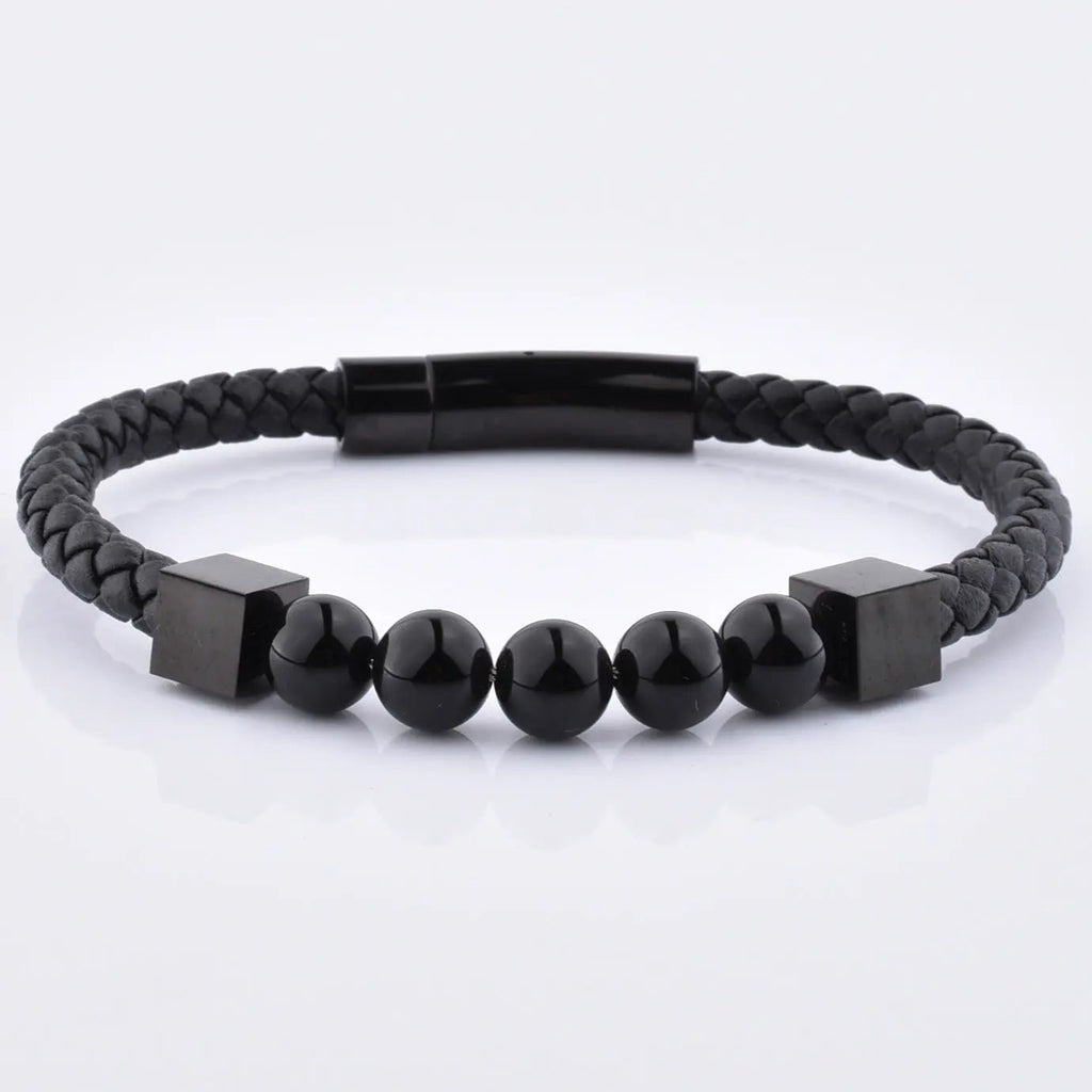 Leather Braided Black Onyx Mens Bracelet