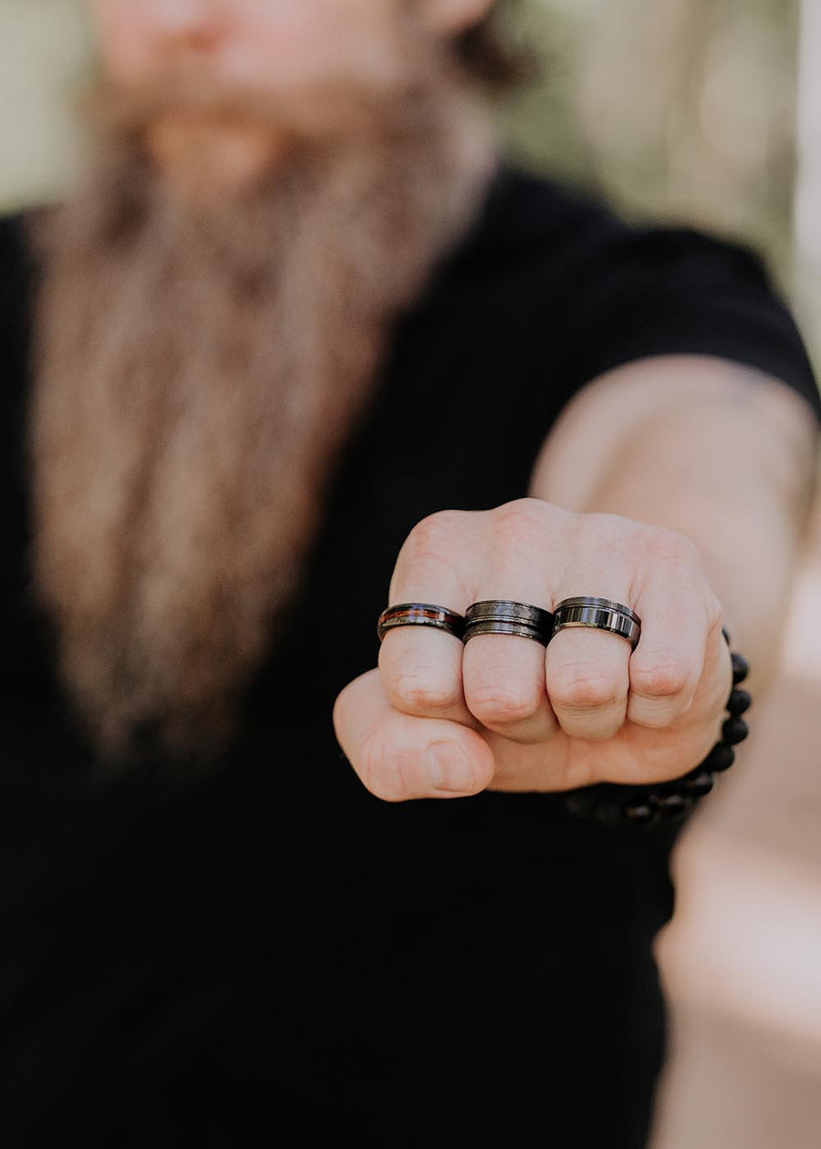 Kahoya Black Ceramic Men's Ring with Natural Veneer – Durable & Stylish by Leomani at www.brixbailey.com