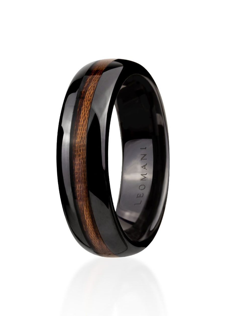 Kahoya Men's Black Ceramic Ring with Natural Veneer – Modern & Durable by Leomani at www.brixbailey.com