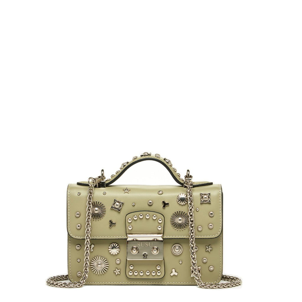 Small Sage Green Leather Crossbody Bag with Silver Studs