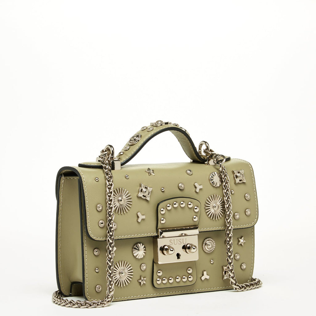 Small Sage Green Leather Crossbody Bag with Silver Studs