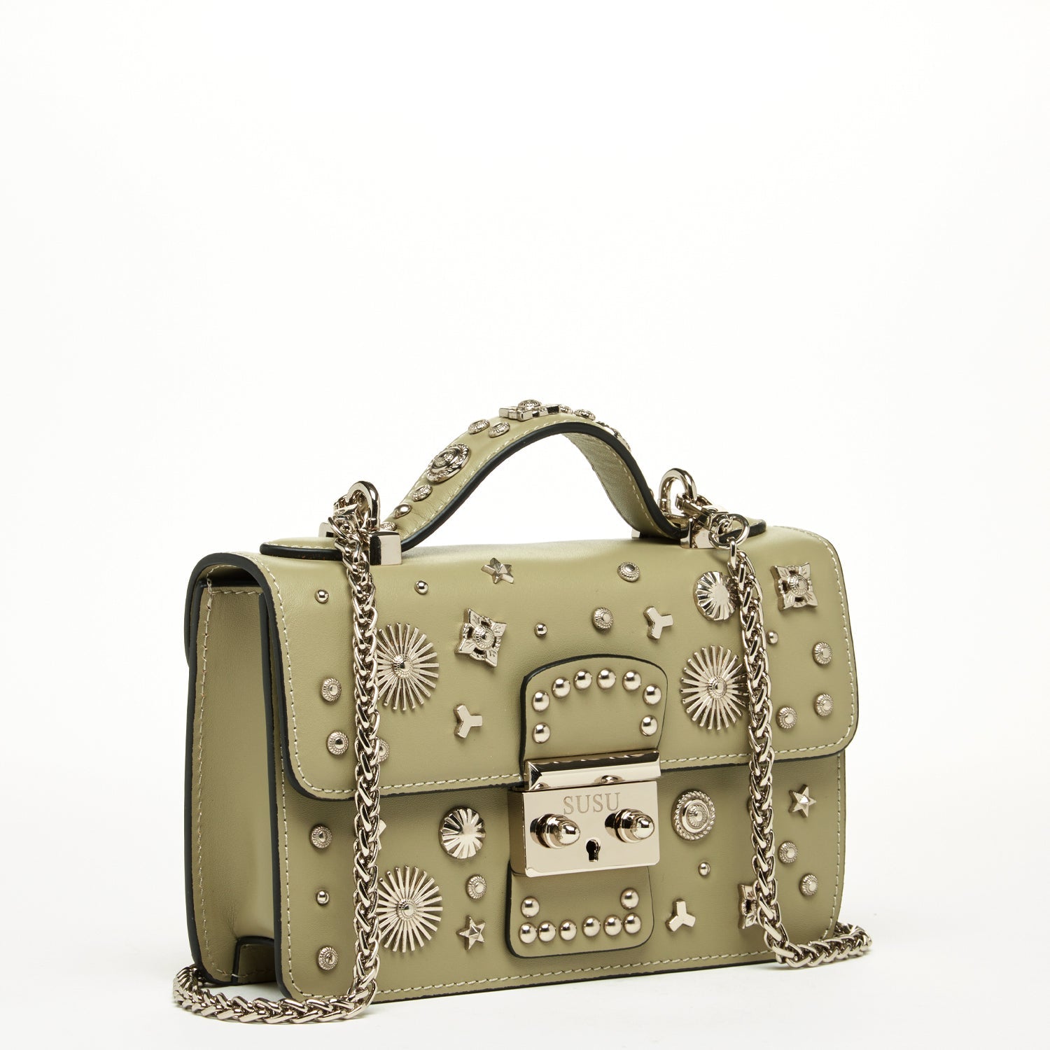 Small Sage Green Leather Crossbody Bag with Silver Studs
