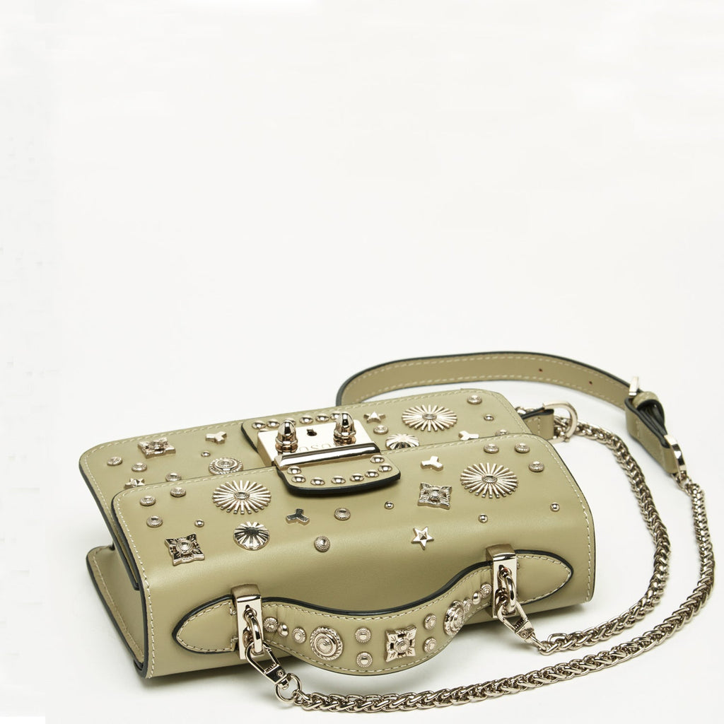Small Sage Green Leather Crossbody Bag with Silver Studs
