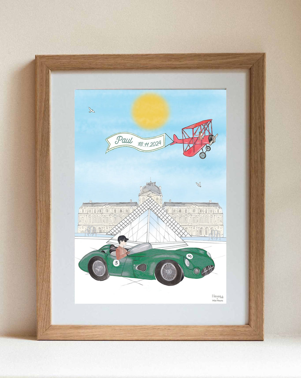 Personalised Sports Car Frenchman Driving by The Louvre Illustration