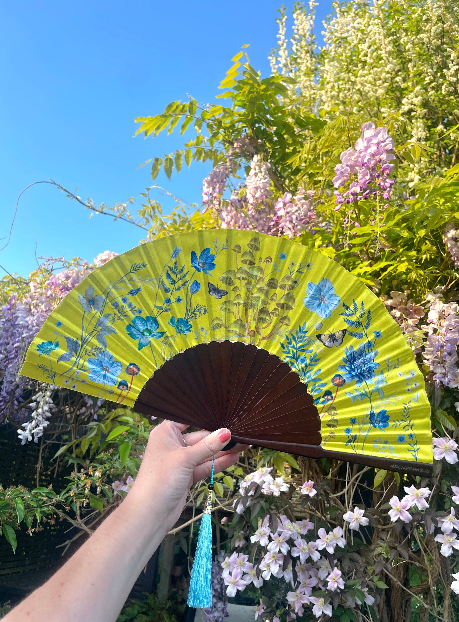 Bright Yellow Silk Folding Hand Fan with Flowers and Mushroom Artwork