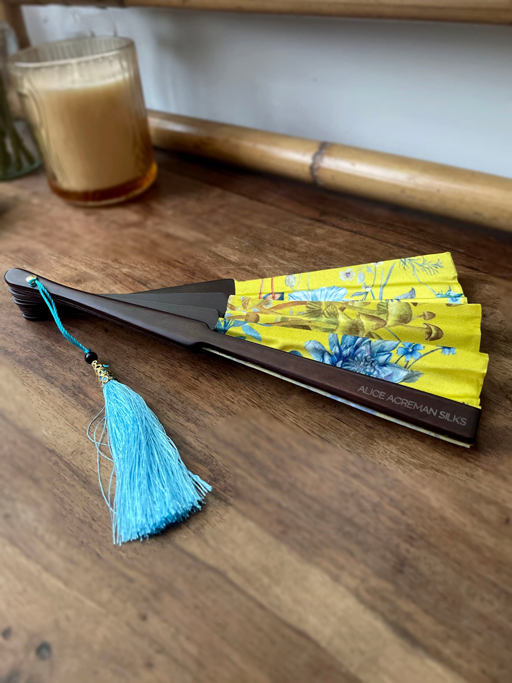 Bright Yellow Silk Folding Hand Fan with Flowers and Mushroom Artwork