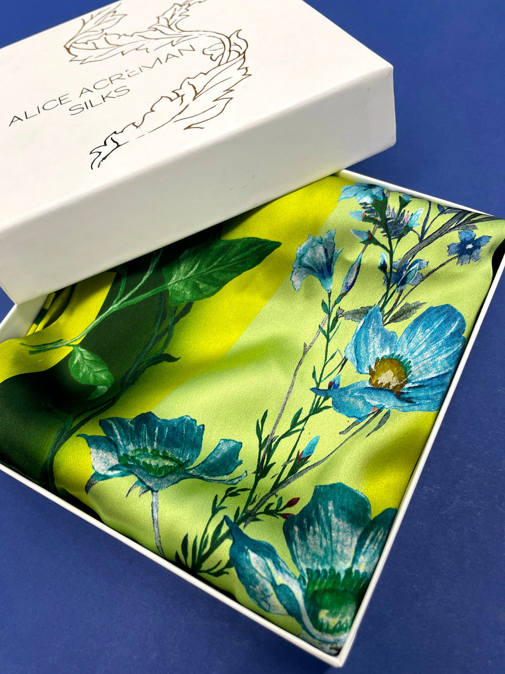 Vibrant Yellow and Pale Blue Luciferin Floral Silk Scarf