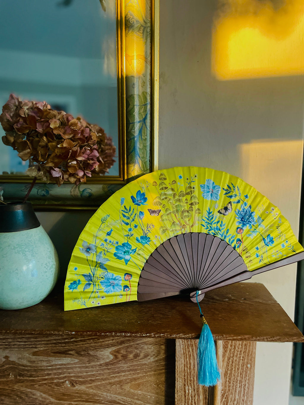 Bright Yellow Silk Folding Hand Fan with Flowers and Mushroom Artwork