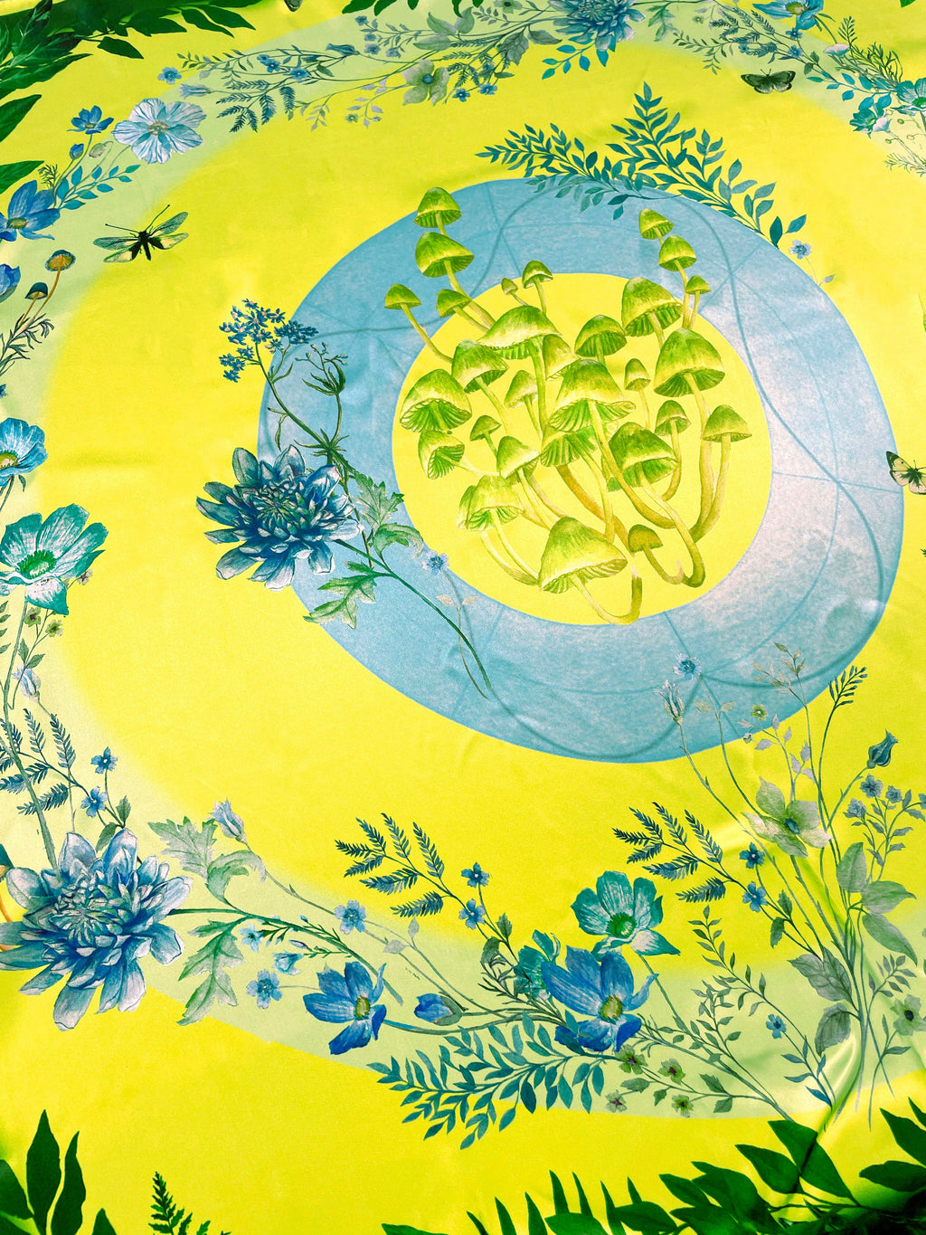 Vibrant Yellow and Pale Blue Luciferin Floral Silk Scarf