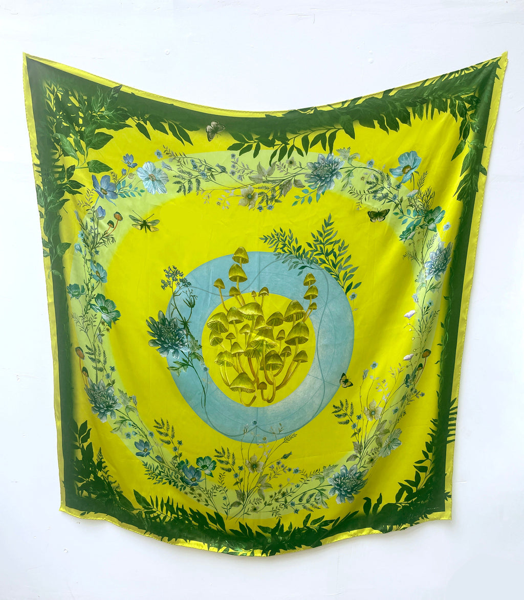 Vibrant Yellow and Pale Blue Luciferin Floral Silk Scarf