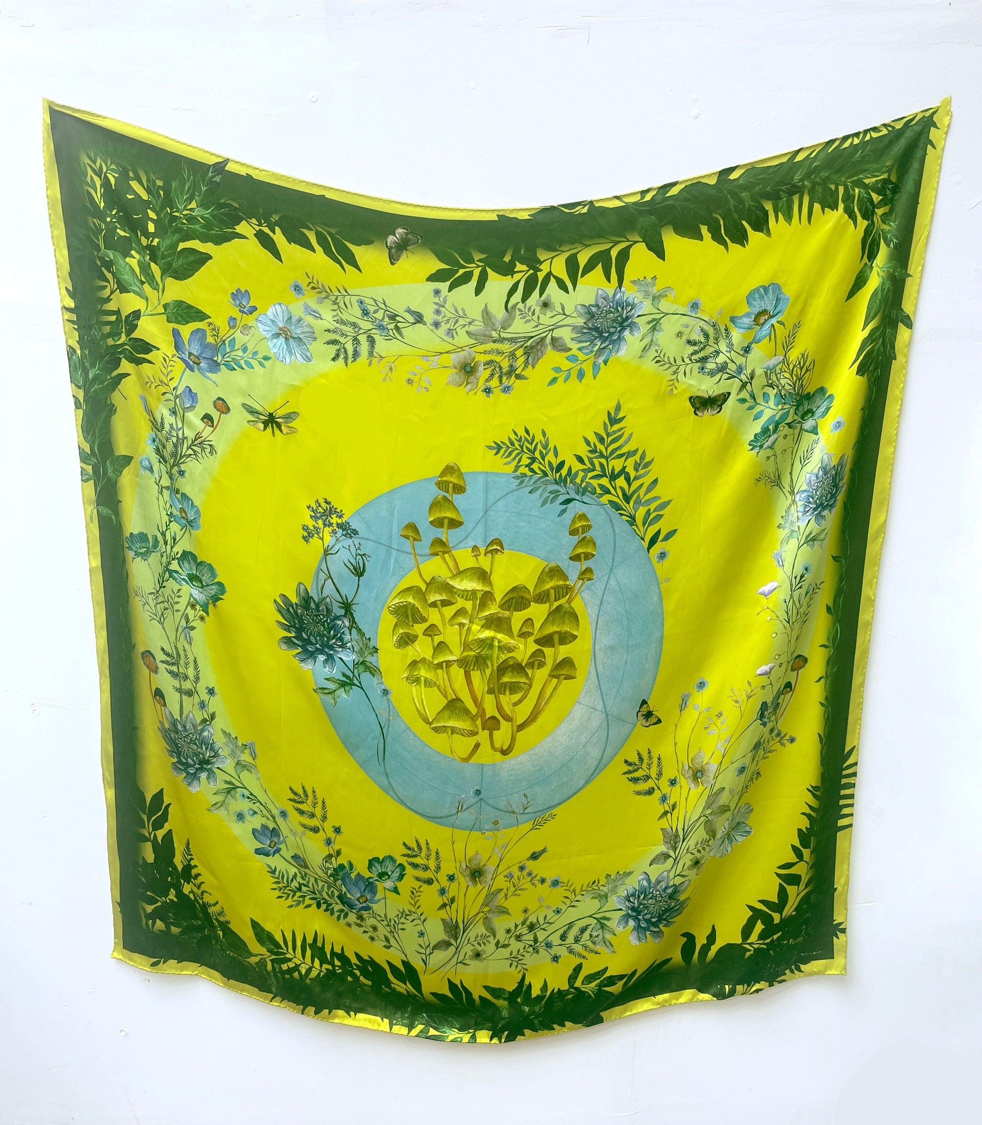 Vibrant Yellow and Pale Blue Luciferin Floral Silk Scarf