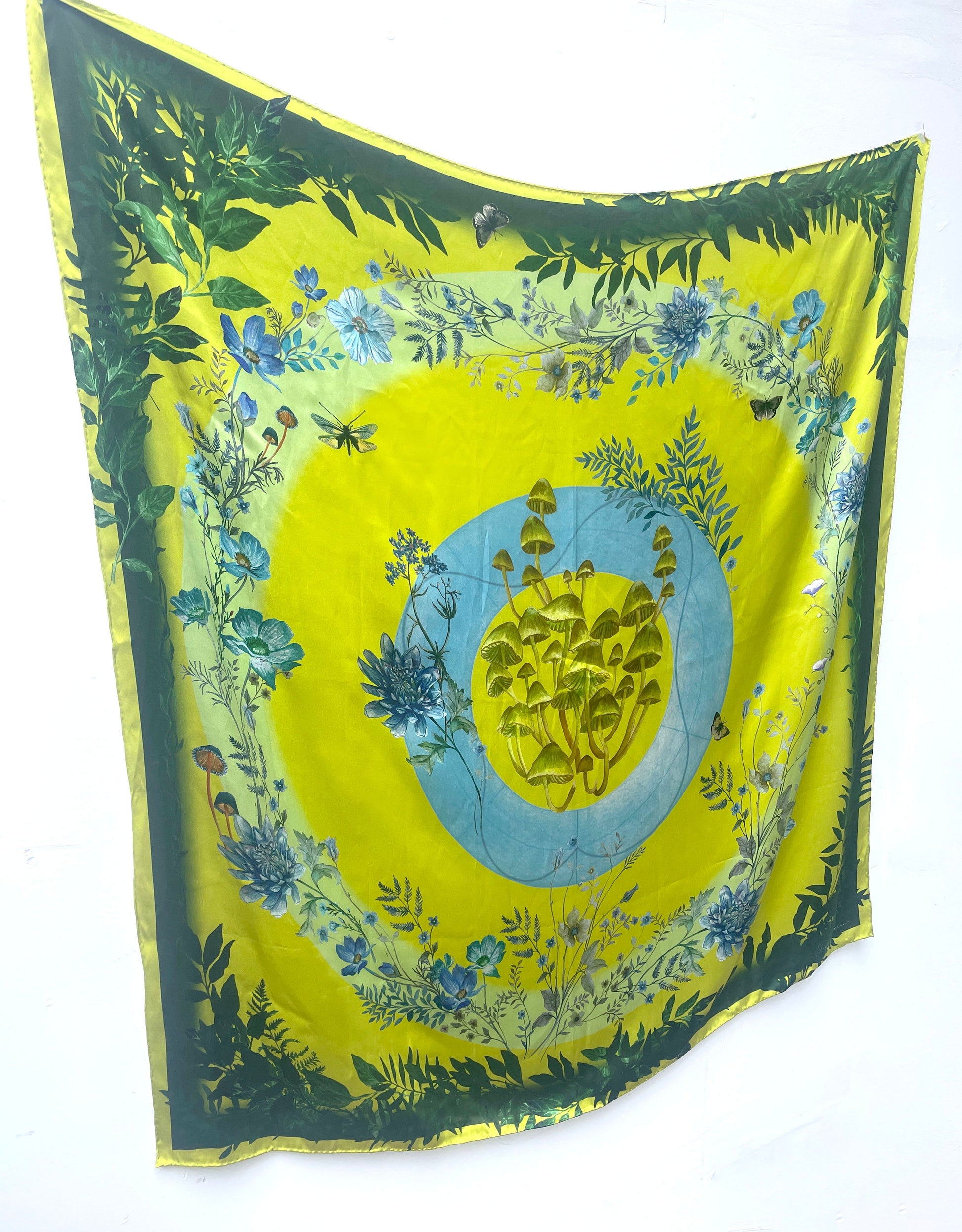 Vibrant Yellow and Pale Blue Luciferin Floral Silk Scarf