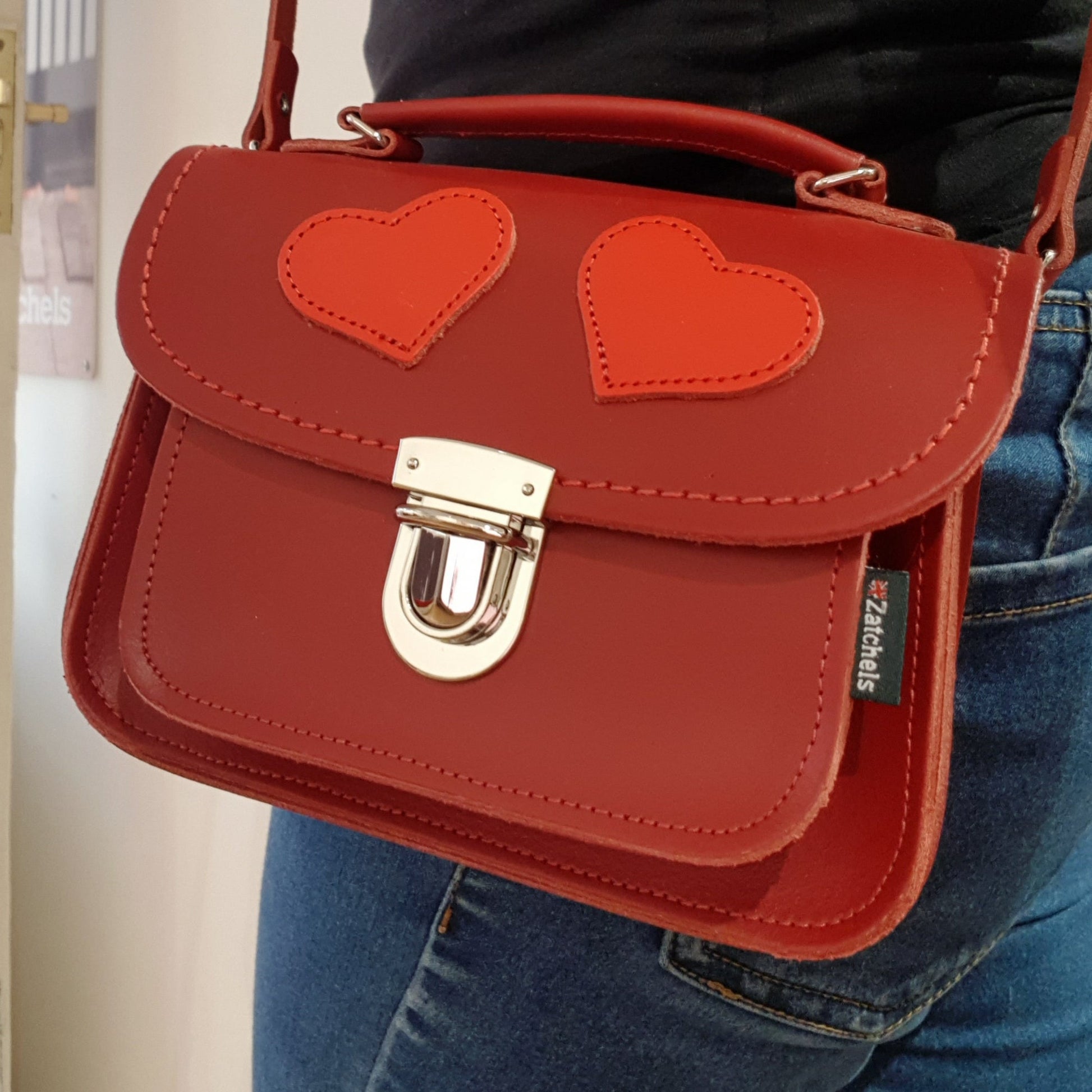 Luna Handmade Leather Bag in Red with Love Hearts