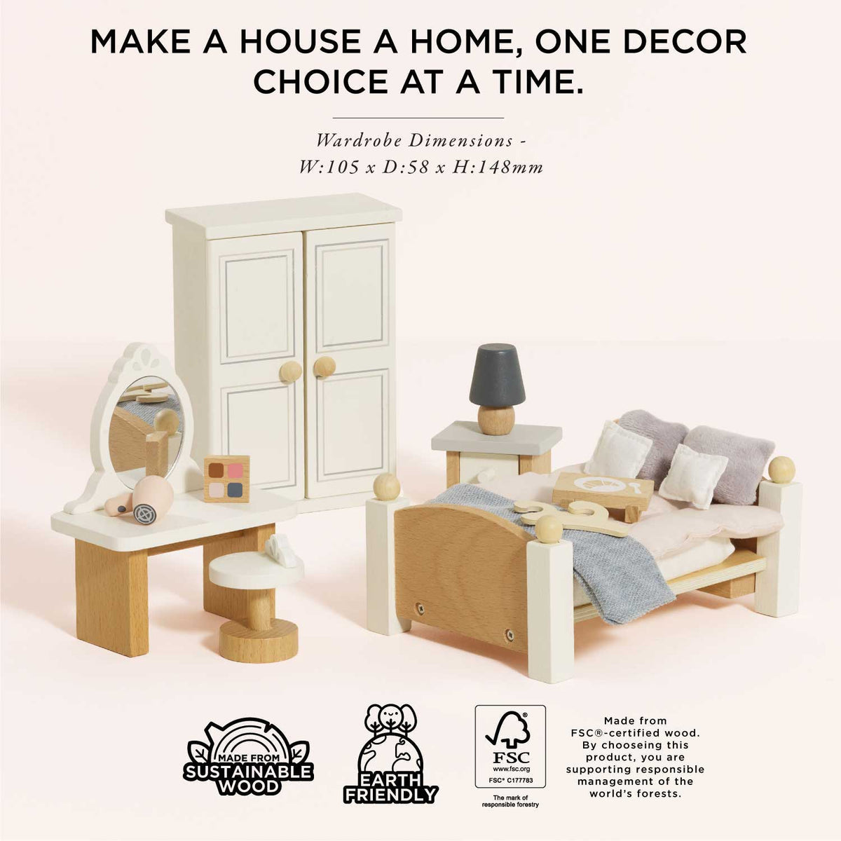 Wooden Dolls House Bedroom Set