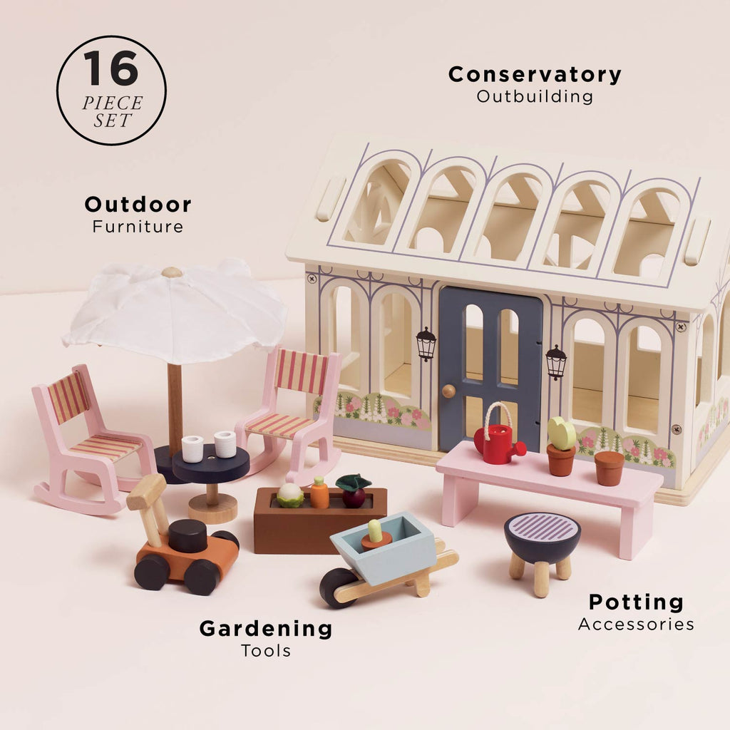 Wooden Dolls House Conservatory Playset with Garden Accessories