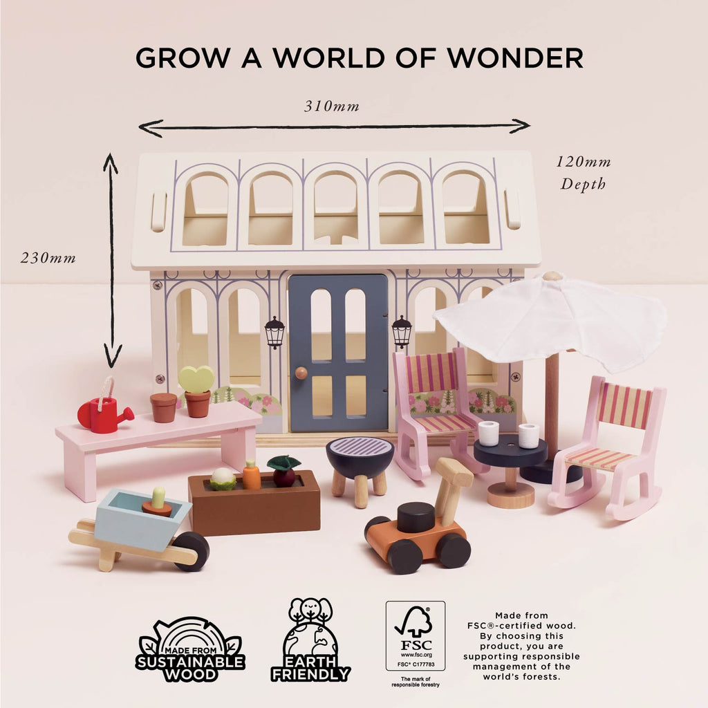 Wooden Dolls House Conservatory Playset with Garden Accessories