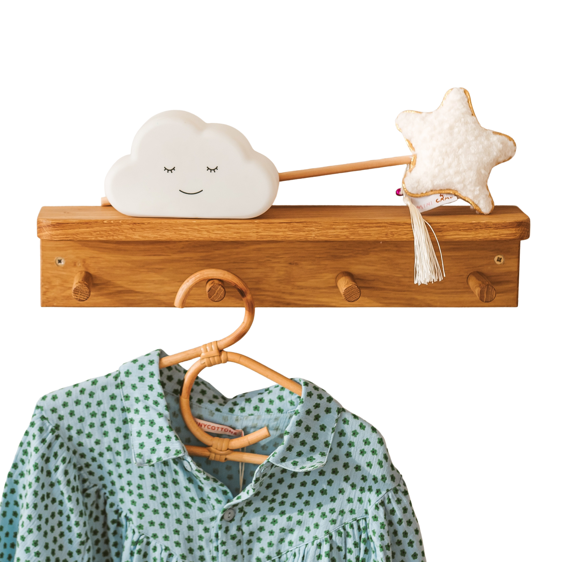 Floating Kids Bookshelf with Coat Hooks in Solid Oak