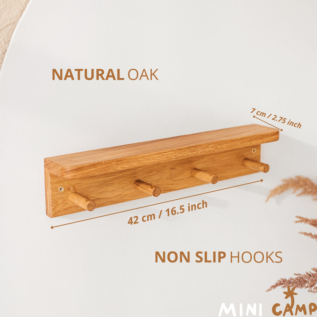 Floating Kids Bookshelf with Coat Hooks in Solid Oak
