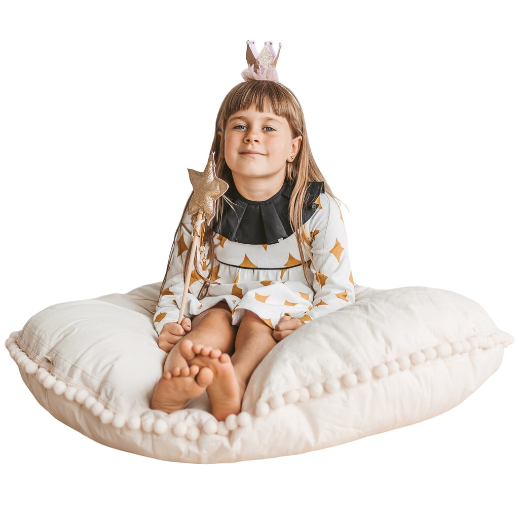 Large Floor Cushion with Pom Poms in Ecru