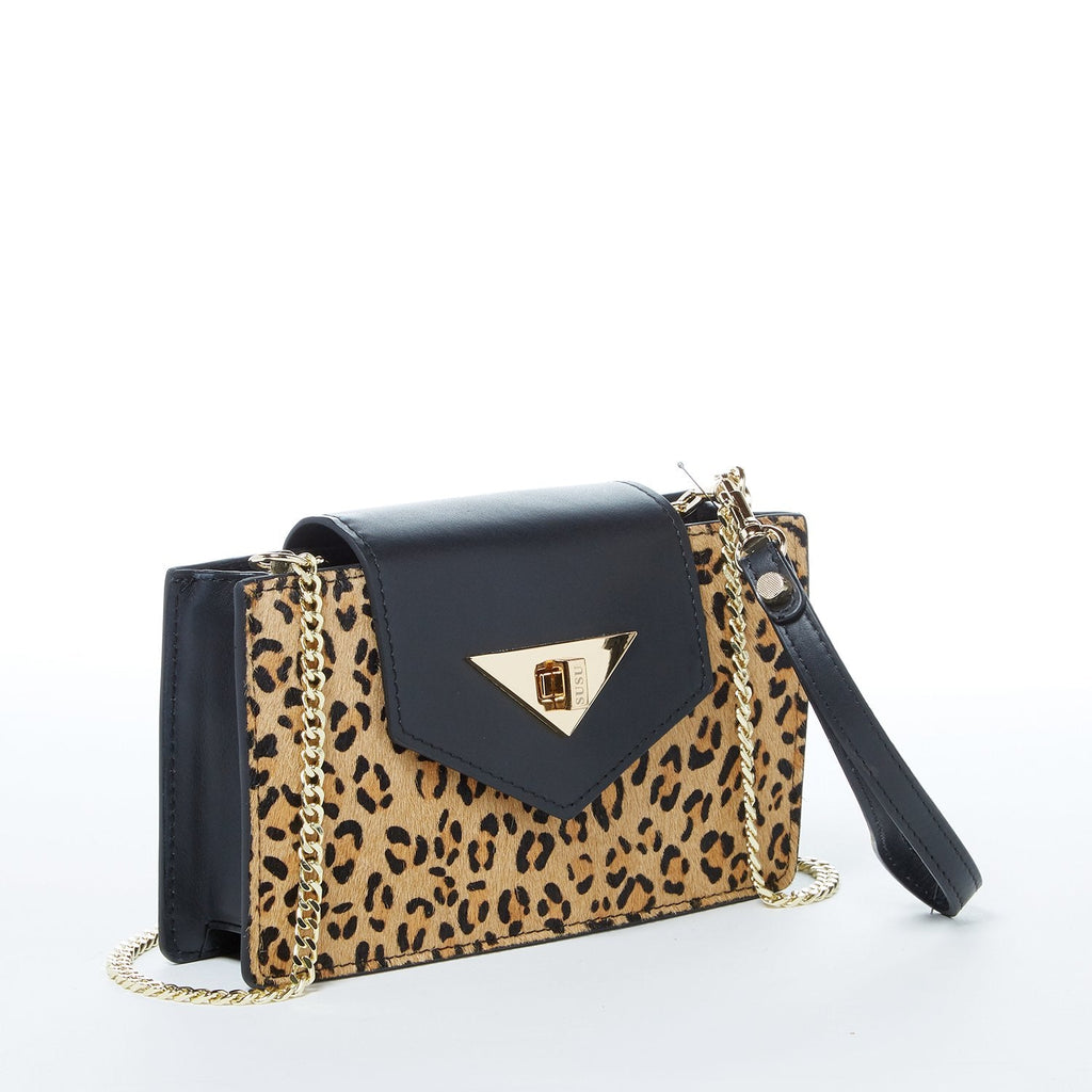 Mini Crossbody Bag Leopard Print Black Leather Wristlet