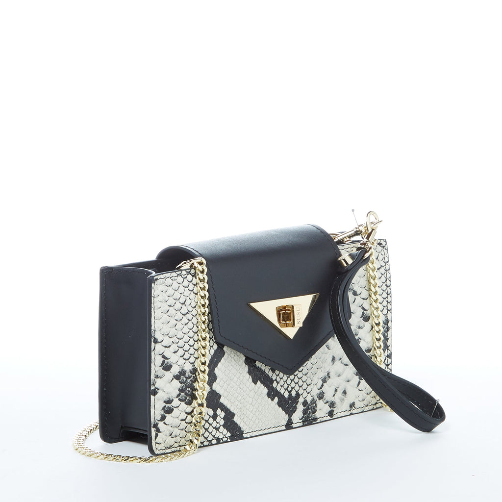 Mini Snakeskin Crossbody Bag Black Leather Wristlet