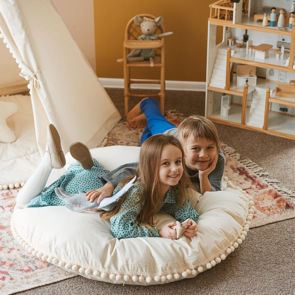 Large Floor Cushion with Pom Poms in Ecru
