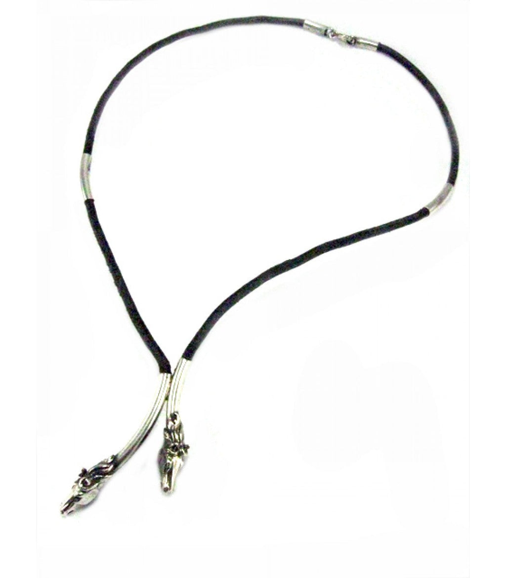 Silver Steed Two Horse Heads with Leather Cord Necklace