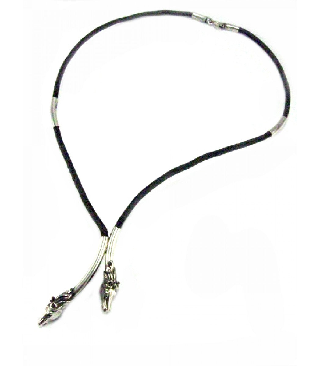 Silver Steed Two Horse Heads with Leather Cord Necklace