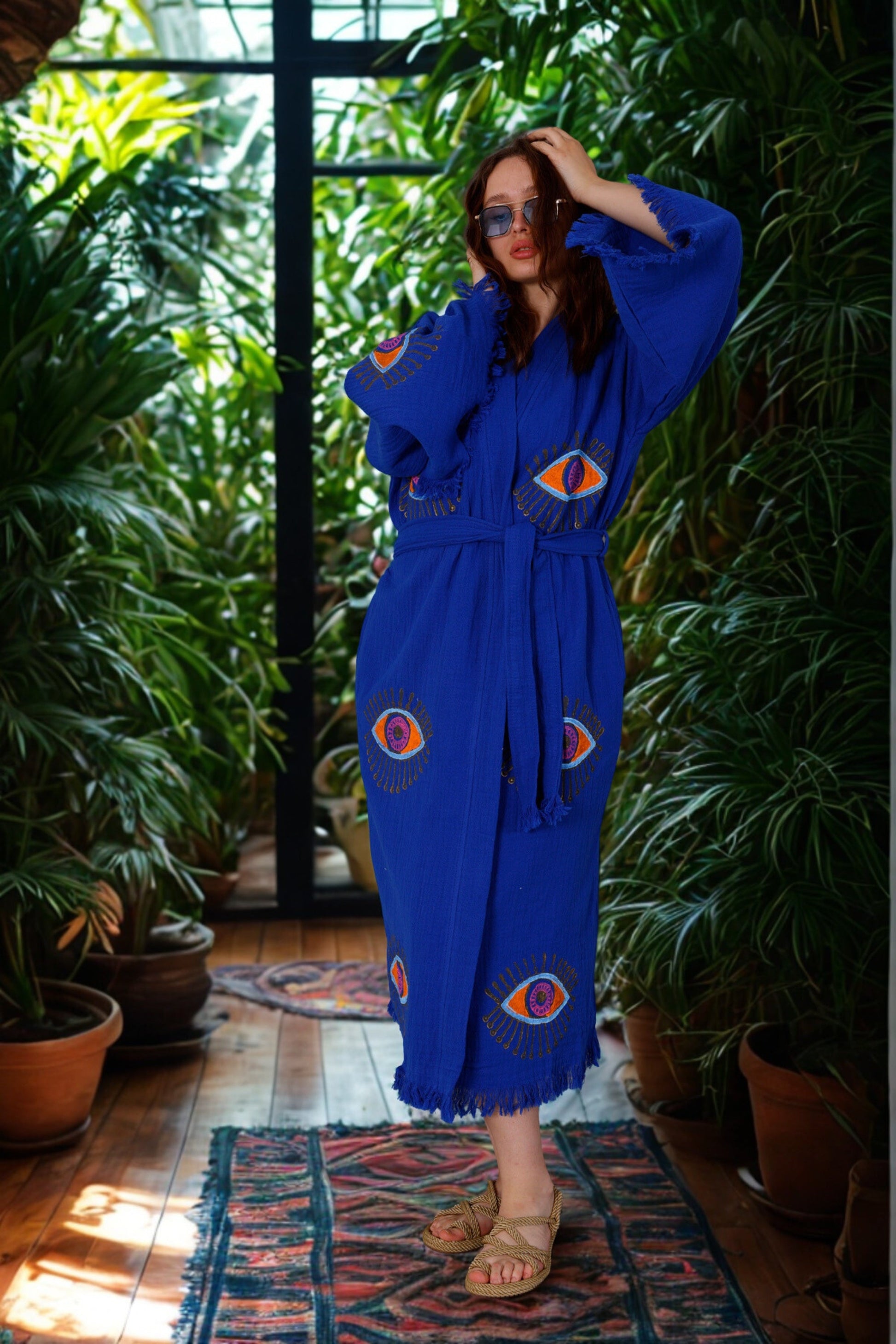 Sapphire Blue Organic Cotton Kimono Robe