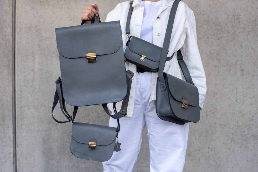 Natural Leather Saddle Backpack - Grey