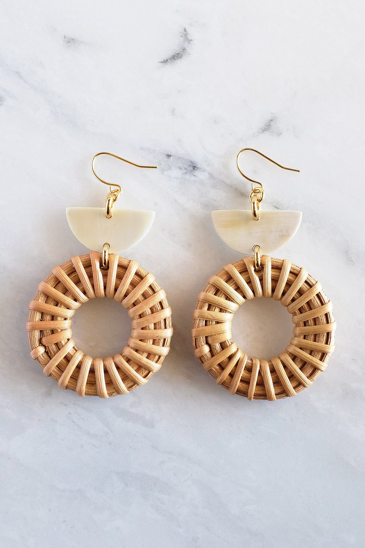 Buffalo Horn and Rattan Crescent Earrings in 16K Gold Plated Brass