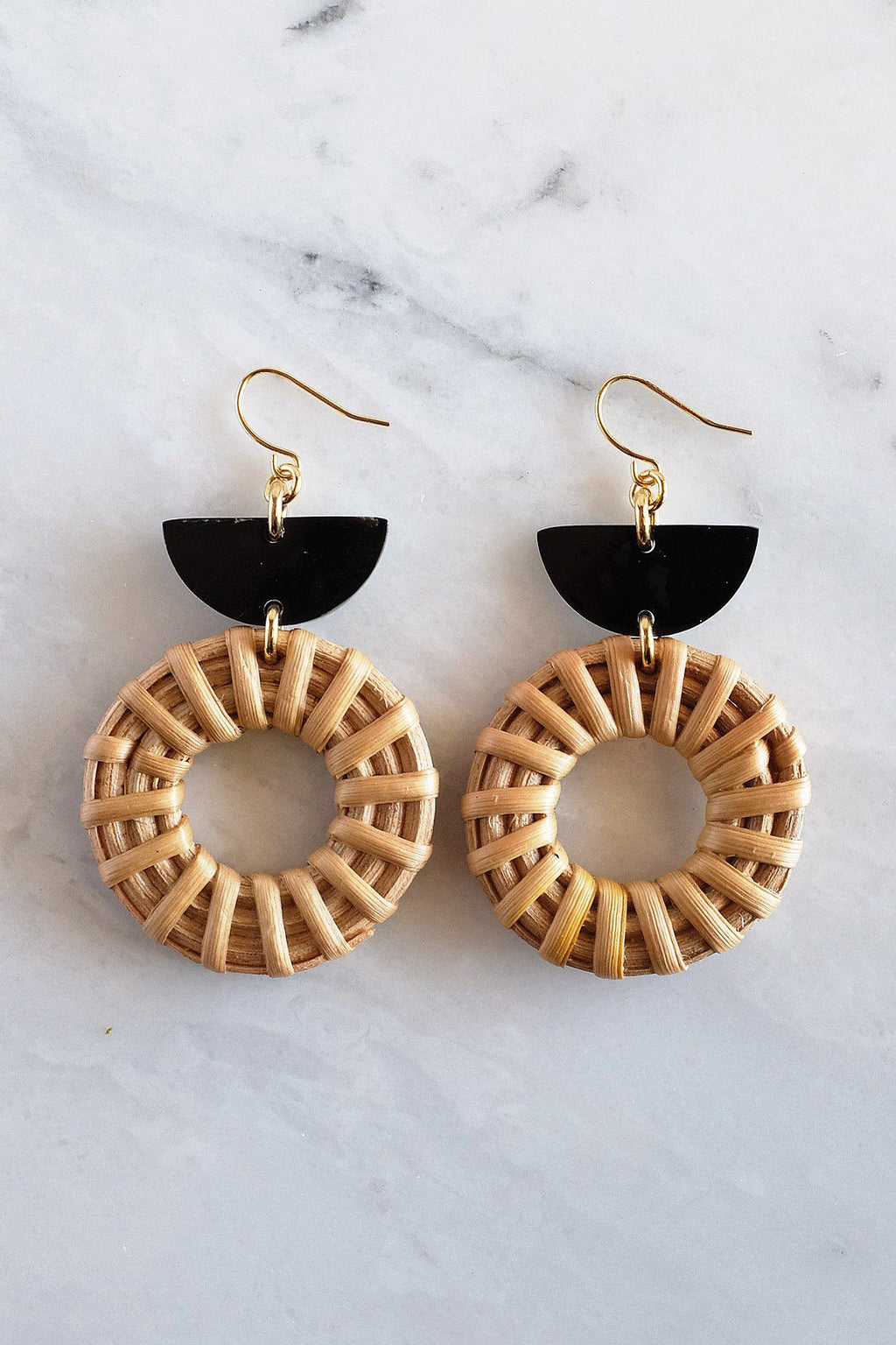 Buffalo Horn and Rattan Crescent Earrings in 16K Gold Plated Brass