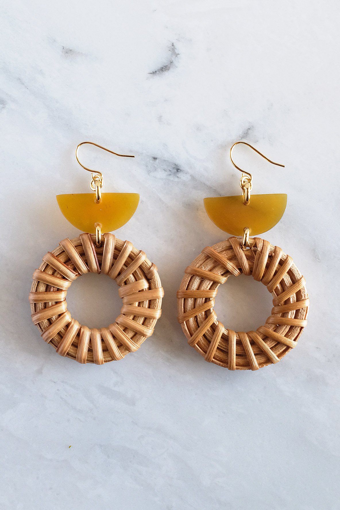Buffalo Horn and Rattan Crescent Earrings in 16K Gold Plated Brass