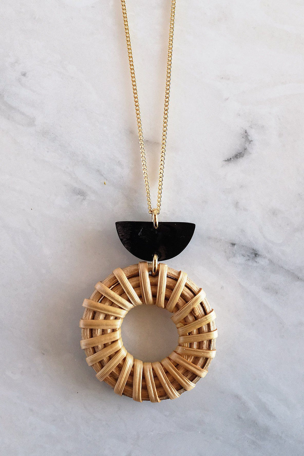 Crescent Horn and Rattan Donut Pendant Necklace