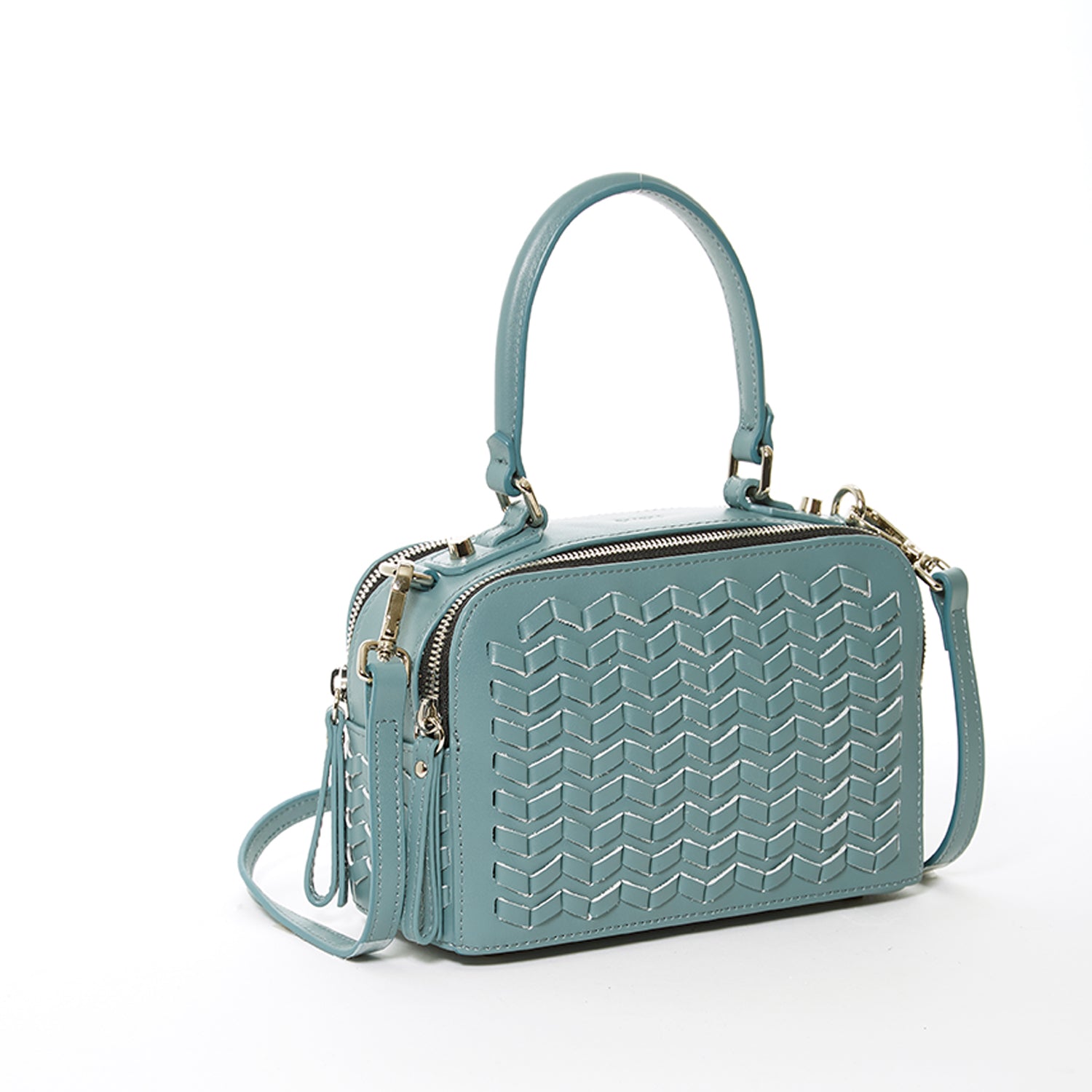 Woven Leather Crossbody Bag in Stone Blue