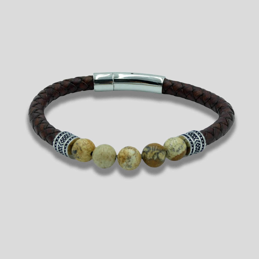 Natural Wood Stone Beaded Leather Bracelet