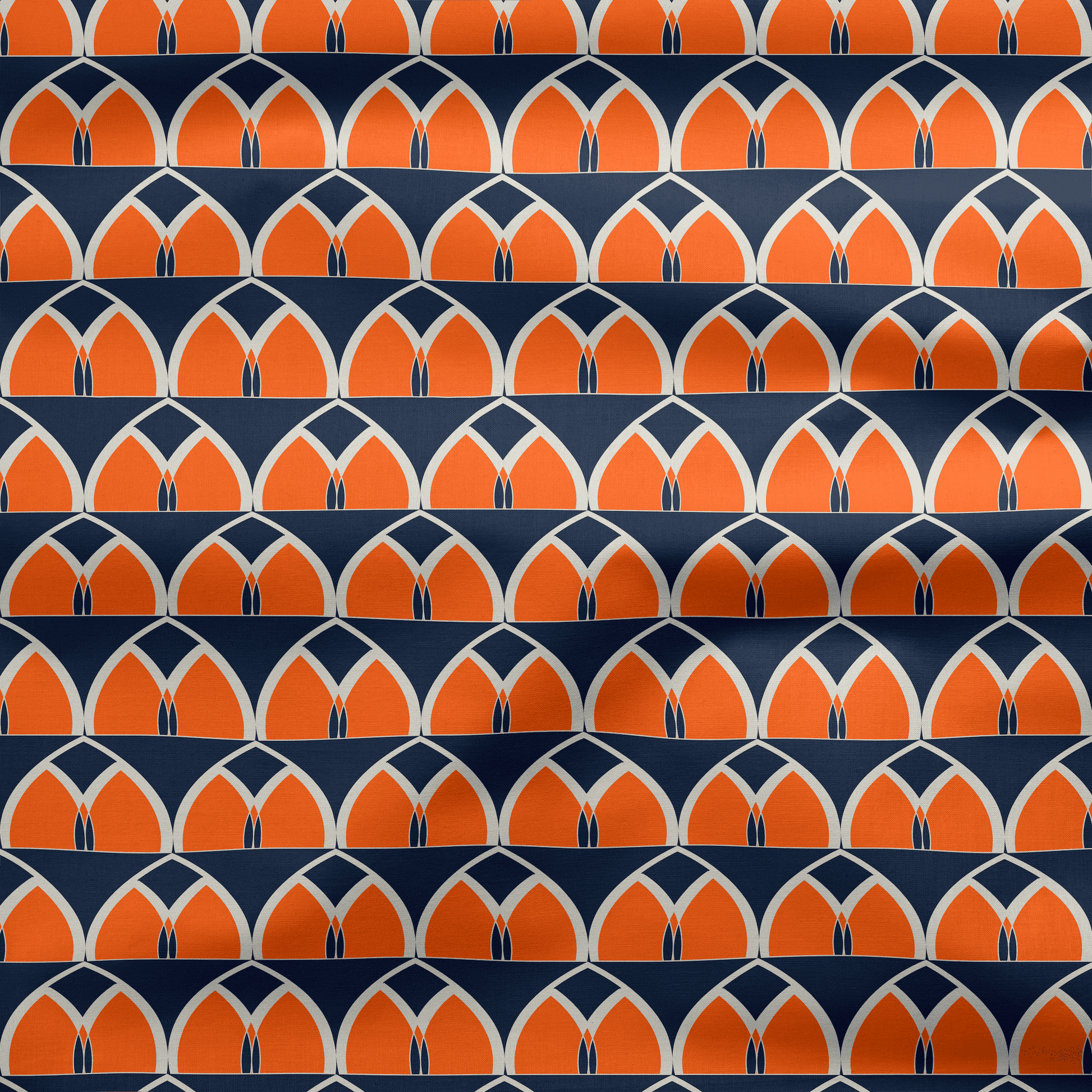 Navy Blue and Orange Geometric Cotton Drill Fabric