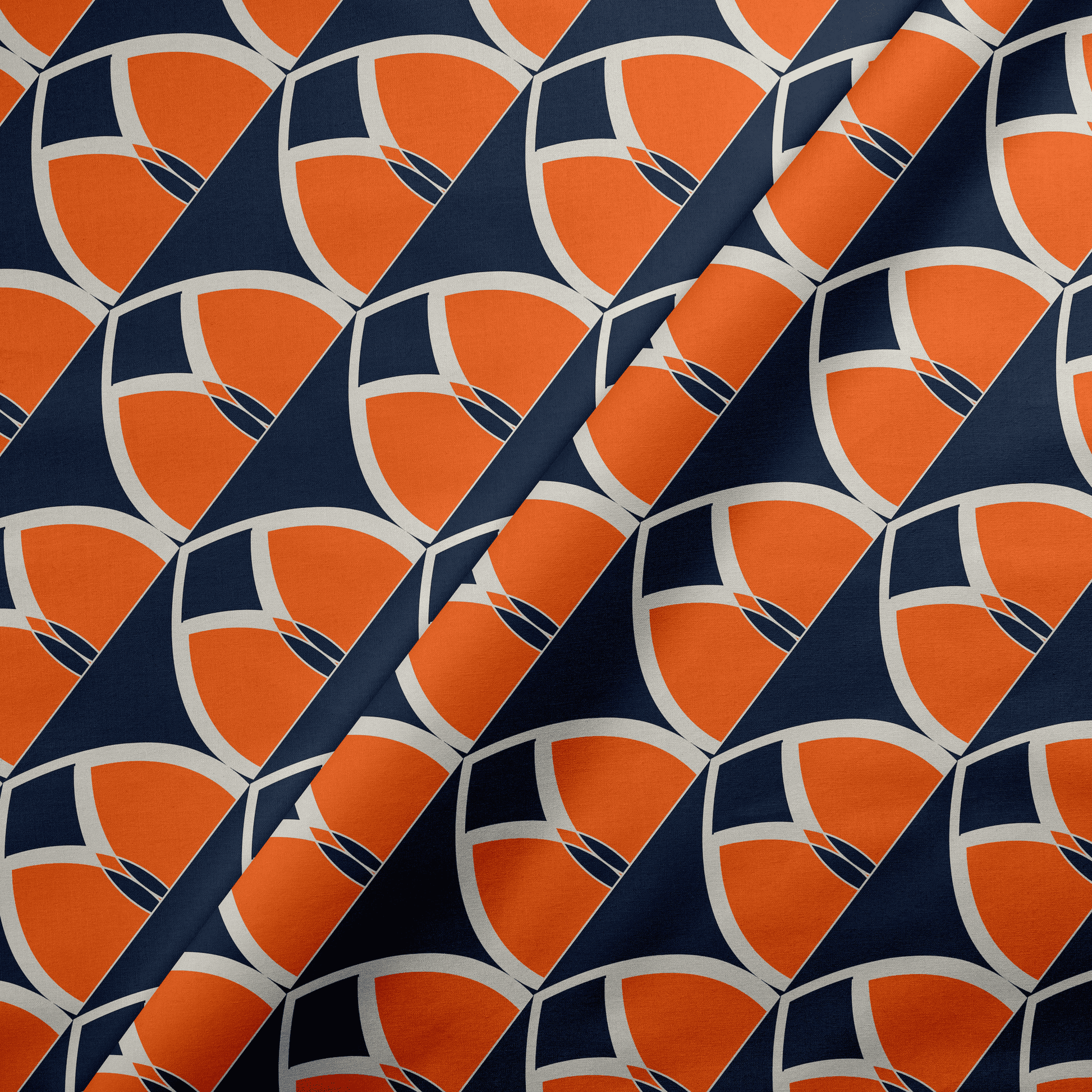 Navy Blue and Orange Geometric Cotton Drill Fabric