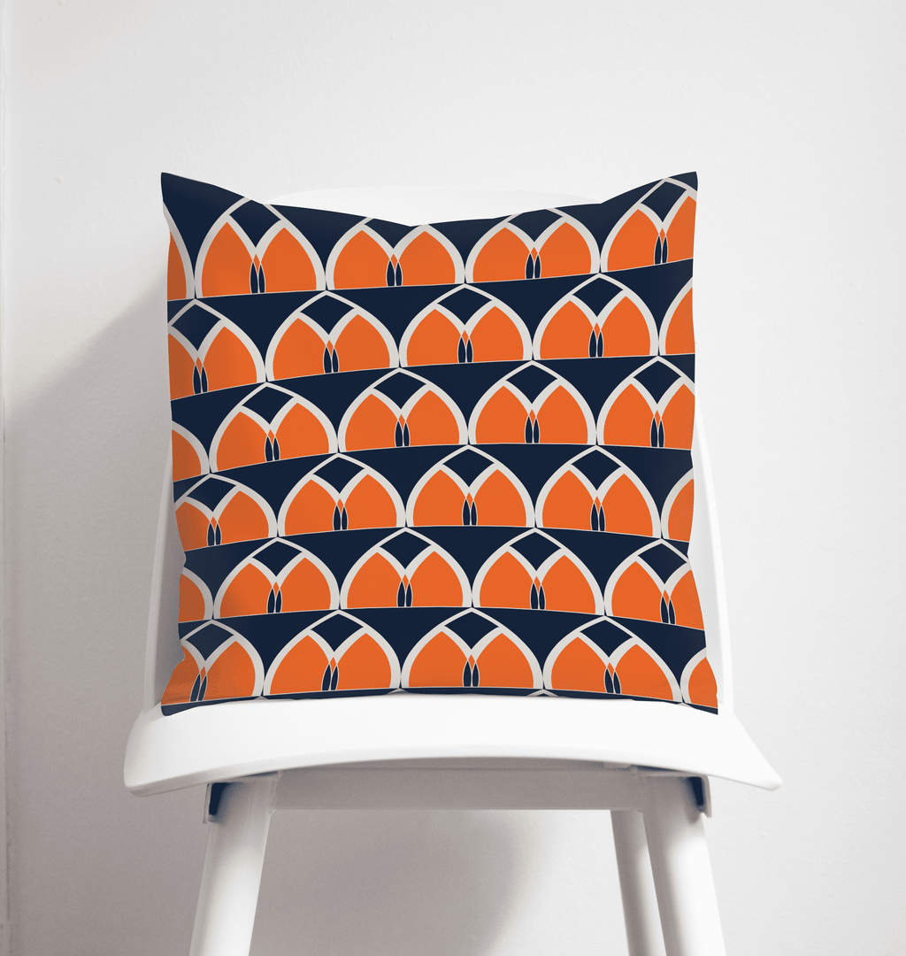 Navy Blue and Orange Retro Geometric Arches Design Cushion, Throw Pillow