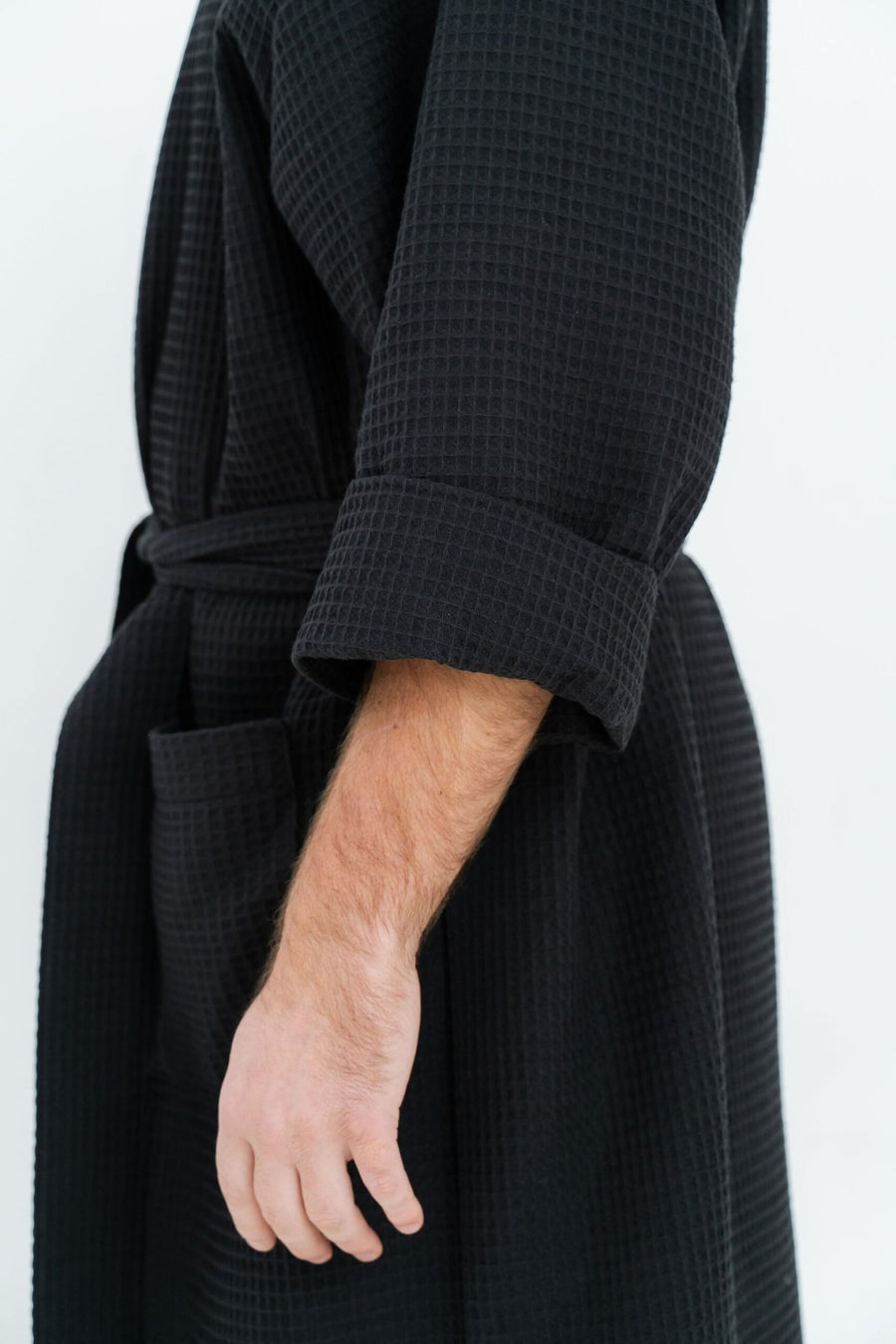 Waffle robe for men. Classic model with side pockets and belt. Soft, comfortable, light and pleasant. by Nuss at www.brixbailey.com