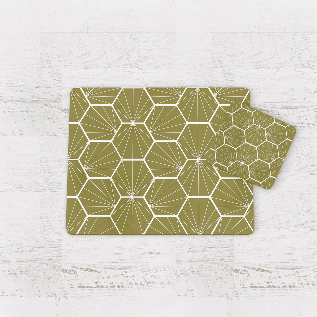 Olive Green Geometric Hexagons Placemats, Set of 4 or Set of 6