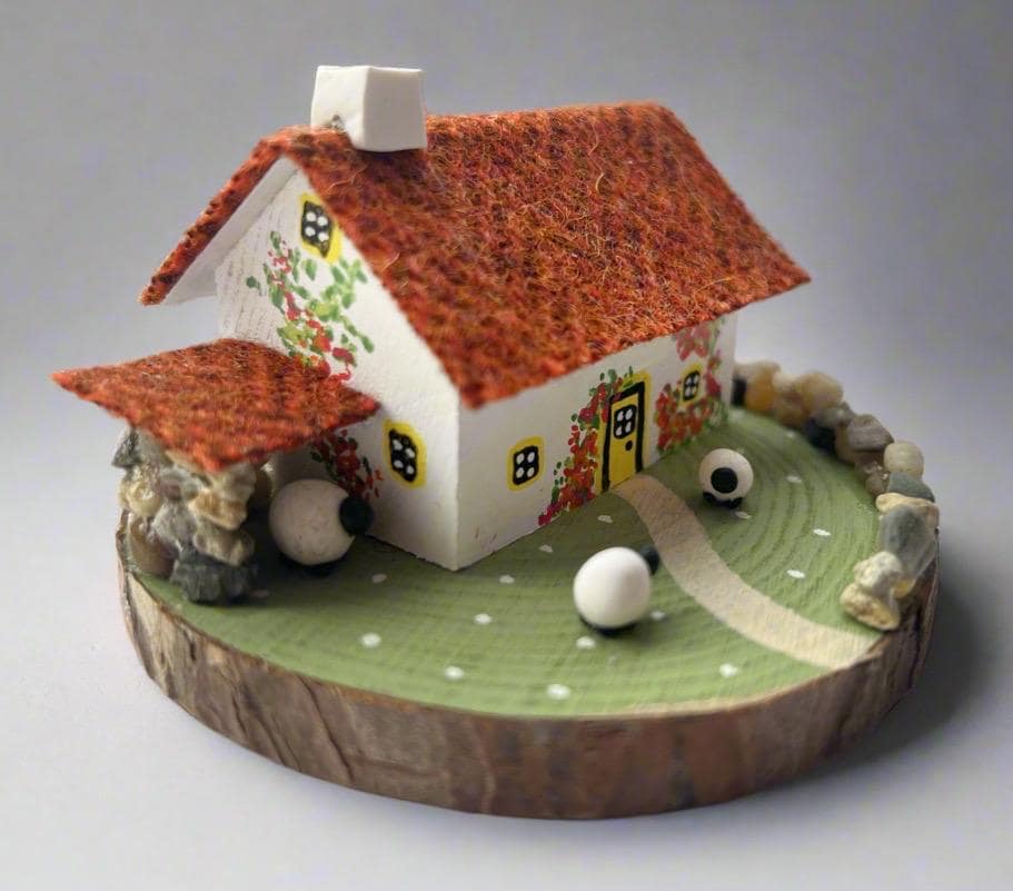 Autumnal Harris Tweed Miniature Scottish Bothy with Log Store & Sheep