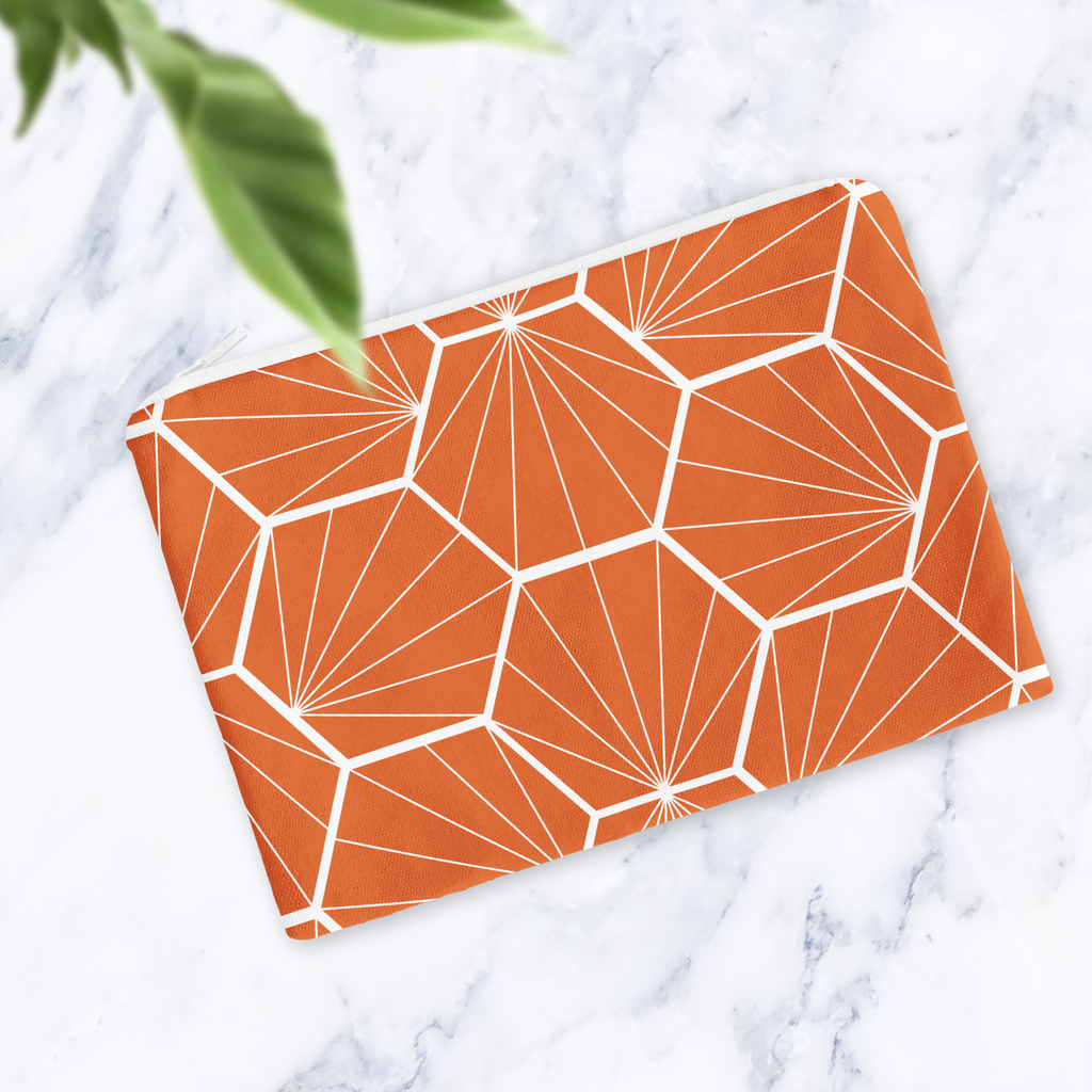 Handmade Orange Geometric Makeup Bag – Water-Resistant Cosmetic Pouch – Modern Travel Toiletry Bag