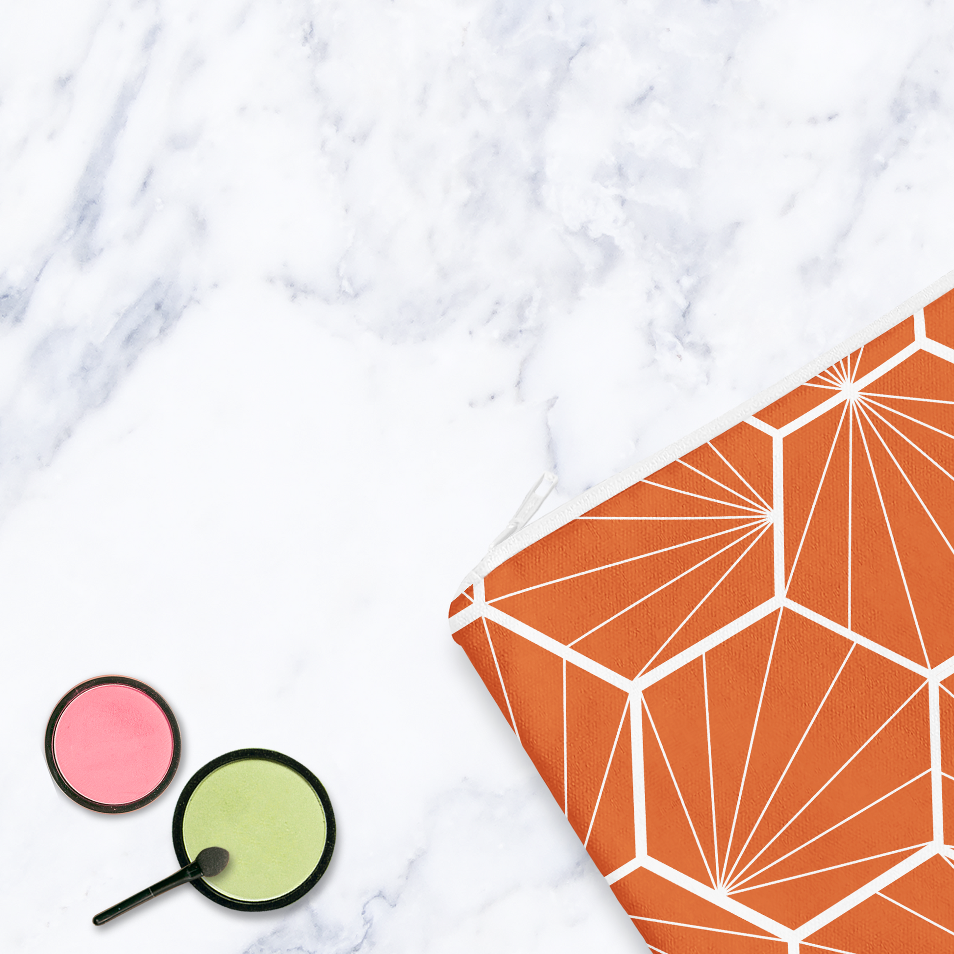 Handmade Orange Geometric Makeup Bag – Water-Resistant Cosmetic Pouch – Modern Travel Toiletry Bag