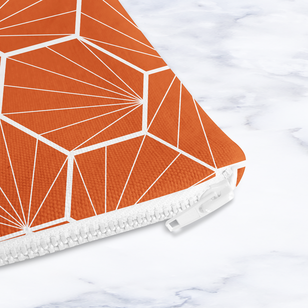 Handmade Orange Geometric Makeup Bag – Water-Resistant Cosmetic Pouch – Modern Travel Toiletry Bag