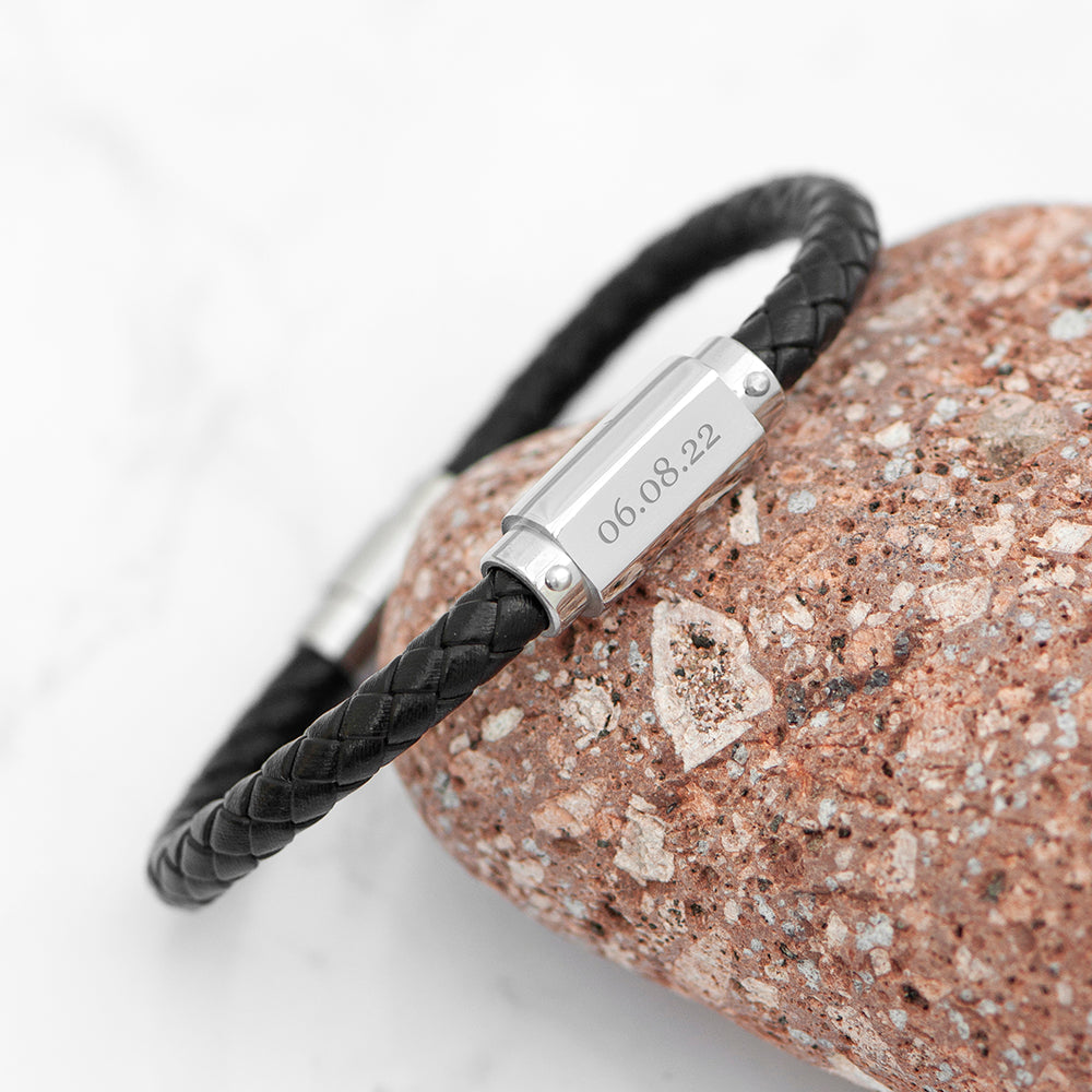 Personalised Luxury Mens Leather Bracelet with Engraved Nameplate