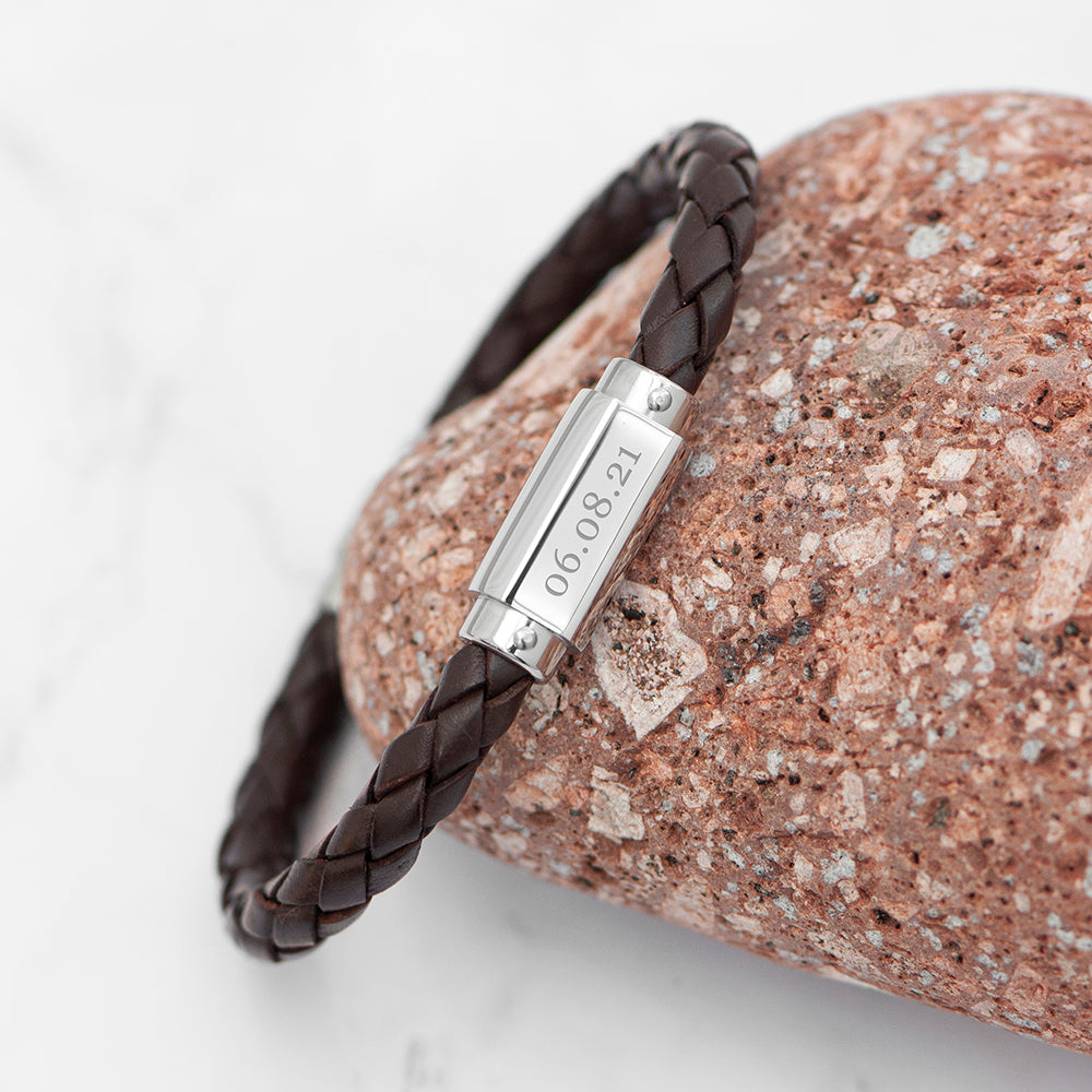 Personalised Luxury Mens Leather Bracelet with Engraved Nameplate